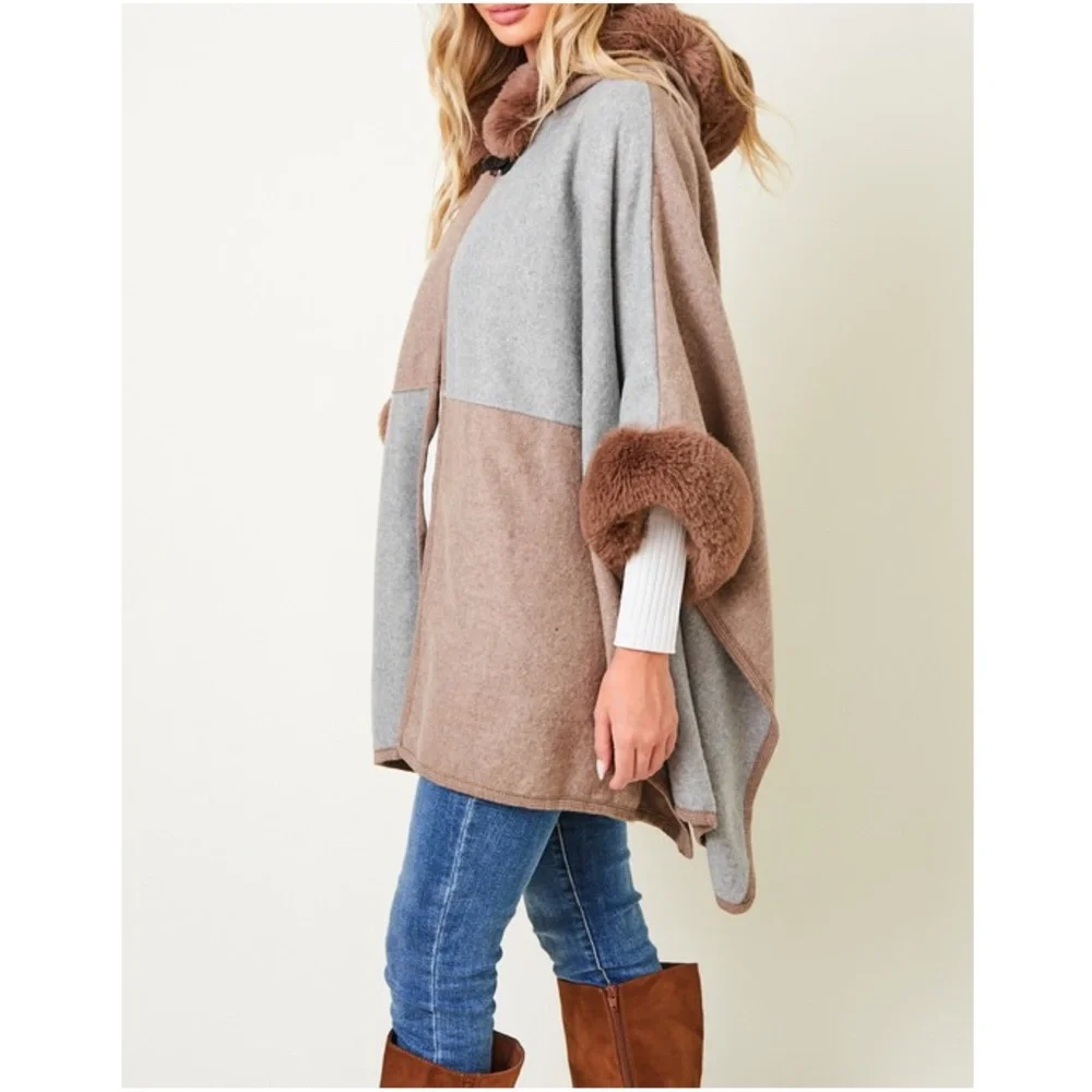 035 Cozy Vegan Fur Color Block Hoodie Jacket Coat - Picture 6 of 6